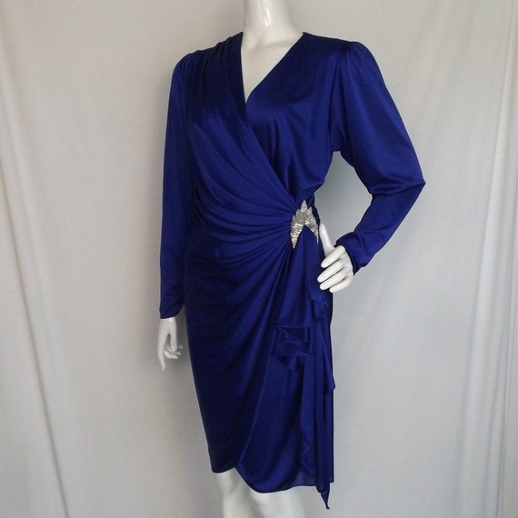 Rich Blue Wrap Dress, S/XS, Gathered Hip/Silver b… - image 4