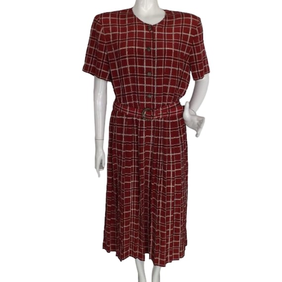 LESLIE FAY Midi Dress, XL, Dark Red Plaid, Short … - image 1