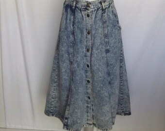 Vintage CHEROKEE Denim Skirt, 10/30" waist, Acid Wash, Midi, Button Front