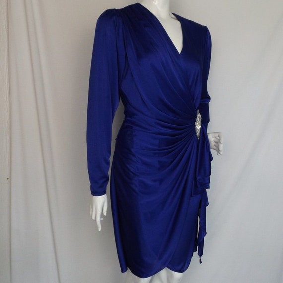 Rich Blue Wrap Dress, S/XS, Gathered Hip/Silver b… - image 3
