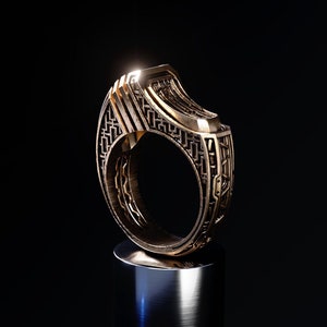 Gold Signet Ring Men | Geometric Gold Ring  | Modern Gold Ring  | Alternative Signet Ring Men  | Cyberpunk Jewelry