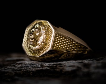 Solid Gold Lion Mens Ring | Signet Lion Ring Gold  | Lion Ring Men  | Gold Signet Ring Men  | Gold Animal Jewelry