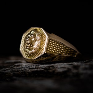 Solid Gold Lion Mens Ring | Signet Lion Ring Gold  | Lion Ring Men  | Gold Signet Ring Men  | Gold Animal Jewelry