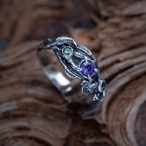 Silver Twig Engagement Ring With Amethyst | Nature-Inspired Elven Ring | Sterling Silver Branch Ring | Tree Branch Ring | Boho Jewelry