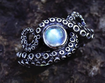 Moonstone Engagement Octopus Ring, Silver Octopus Jewelry, Tentacle Ring, Octopus Tentacle