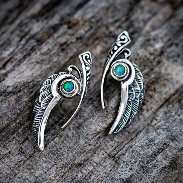 Australian Opal Silver Wing Earrings | Opal Feather Earrings  | Bird Wing Earrings