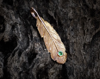 Gold Feather Necklace with Gemstone | Gold Feather Pendant  | Gold Peacock Feather  | Feather Jewelry