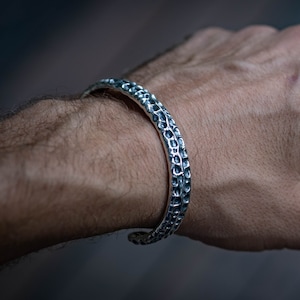 Sterling Silver Carved Cuff Bracelet | Textured Mens Bangle  | Gift for Him