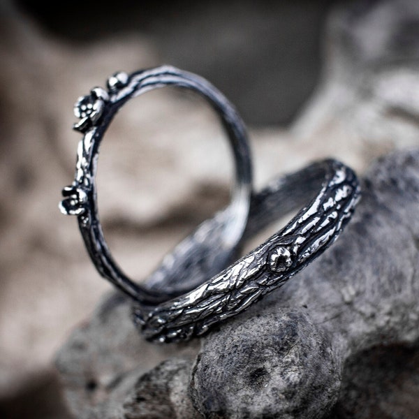 Tree bark bands | Silver Wedding Bands Set  | Tree Rings Set  | Nature Inspired Engagement Rings  | Silver Wedding Bands