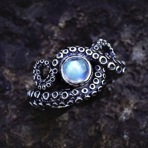 Rainbow Moonstone Octopus Ring | Silver Tentacle Ring | Kraken Jewelry | Nature-Inspired Ocean Ring | Fantasy Sea Life Jewelry