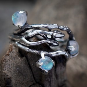Moonstone Twig Ring | Whimsical Elven Engagement Band | Mystical Fairy Branch Jewelry | Sterling Silver Nature Inspired