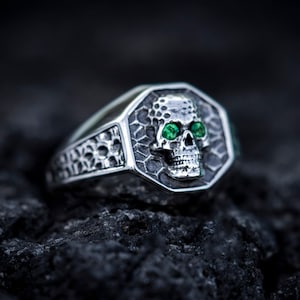 Silver Skull Signet Ring | Hexagon Skull Ring  | Signet Ring Men  | Unique Skull Ring  | Skull Ring Silver