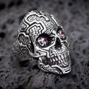 Shipibo Skull Ring | Unique Handcrafted Silver Skull Ring for Men | Carved Gothic Men&#39;s Skull Jewelry | Sterling Silver Statement Ring