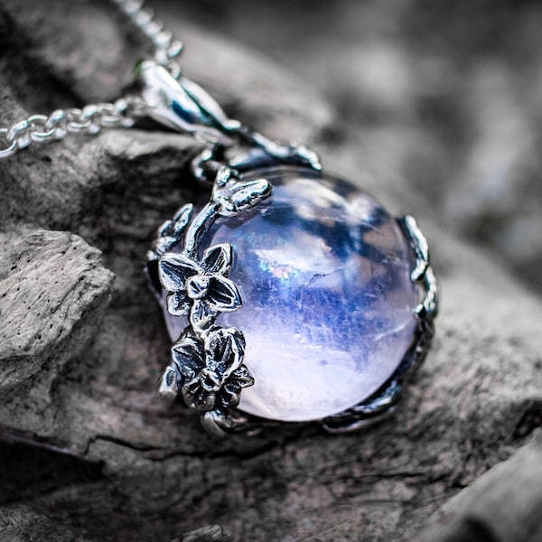 Rainbow Moonstone Necklace | Silver Flower Necklace  | Branch Necklace  | Rainbow Moonstone Jewelry  | Twig Necklace  | Silver Twig jewelry