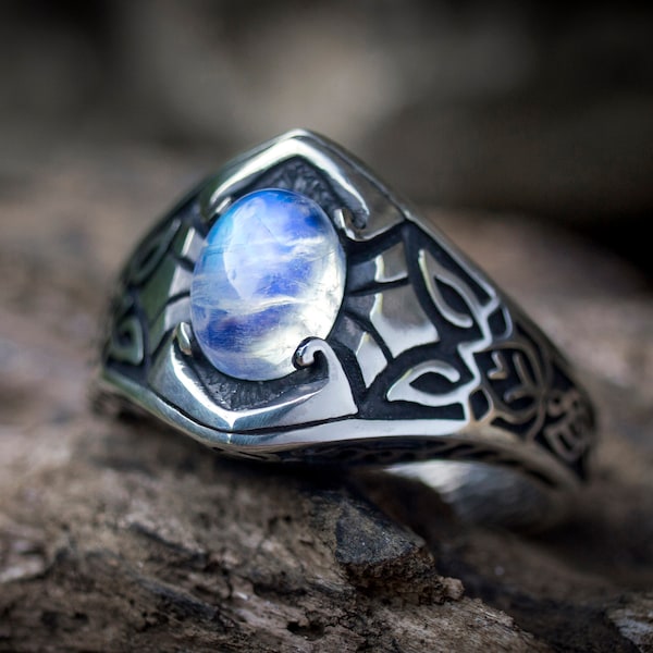 Alliance viking pierre de lune arc-en-ciel | Bague de fiançailles noeud celtique | Bague elfique | Bijoux en pierre de lune