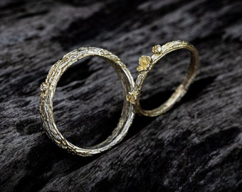 14K Gold Tree bark bands | White Gold Tree Wedding Rings Set  | Nature Inspired Engagement Rings  | Gold Wedding Bands