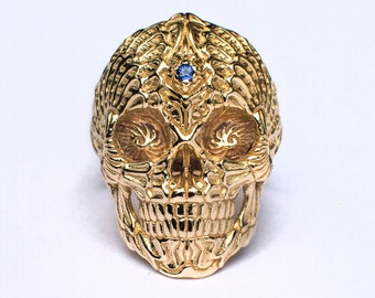 Gold Skull Ring for Men | Sugar Skull Biker Ring | Gothic Men's Jewelry | Unique Gold Skull Jewelry | Men's Gothic Skull Ring with Gemstone