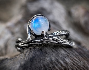 Rainbow Moonstone Ring &#39;Bine&#39; | Moonstone Engagement Ring  | Moonstone Jewelry  | Twig Engagement Ring  | Gift for Her