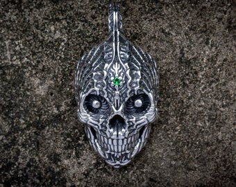 Sterling Silver Sugar Skull Pendant Necklace | Skull Jewelry | Human Skull Pendant | Biker Jewelry | Silver Skull Shipibo Pattern Necklace