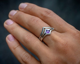 Amethyst Engagement Ring Set | Silver Stacking Ring Set  | Silver Engagement Ring Set  | Silver Stackable Ring Set