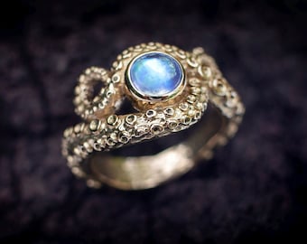 Gold Octopus Ring | Tentacle Ring | Ocean Themed Jewelry | Unisex Ring with Gemstone | Kraken Ring |  Unique Engagement Ring Nature Inspired
