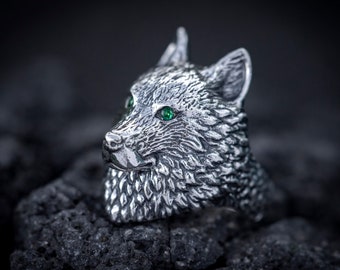 Oxidized Sterling Silver Wolf Head Ring: Animal Totem Jewelry