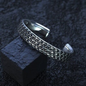 Sterling Silver Carved Cuff Bracelet | Textured Mens Bangle  | Gift for Him