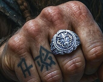 Anello vichingo di Odino / Gioielli in argento con nodo celtico / Anello con testa vichinga / Gioielli pagani per uomo / Anello con mitologia norrena / Accessori vichinghi