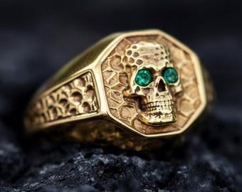 14K Gold Skull Signet Ring | Gold Skull Ring Men  | Skull Ring Gold  | Hexagon Signet Skull Ring  | Mens Gold Ring