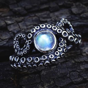 Rainbow Moonstone Octopus Ring | Silver Tentacle Ring | Kraken Jewelry | Nature-Inspired Ocean Ring | Fantasy Sea Life Jewelry