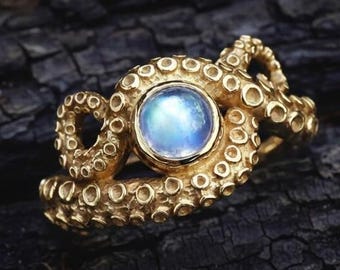 Gold Octopus Ring | Tentacle Ring | Ocean Themed Jewelry | Unisex Ring with Gemstone | Kraken Ring |  Unique Engagement Ring Nature Inspired