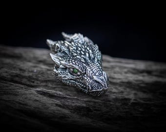 Sterling Silver Dragon Head Pendant, Gothic Men's Necklace, Dragon Jewelry