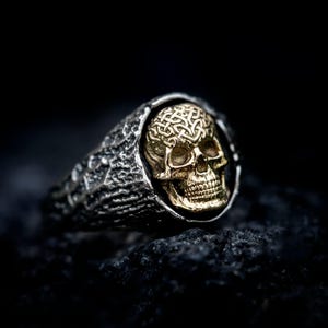 Druidenschädelring, 14 Karat Gold und Sterlingsilber, Memento Mori Siegelring Bild 1