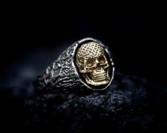 Anillo de calavera druídica, oro de 14 quilates y plata de ley, sello Memento Mori