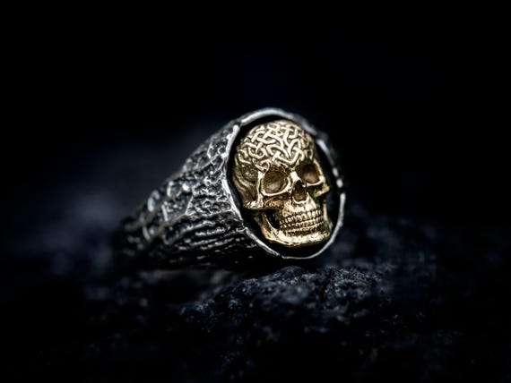 Gold Skull Ring, Memento Mori Signet Ring, Men's Gold & Silver Skull Jewelry