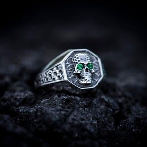 Oxidized Sterling Silver Hexagon Skull Signet Ring, Men's Statement Jewelry