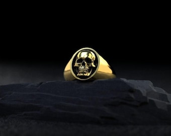 14K Gold Skull Ring, Men's Yellow Signet Ring