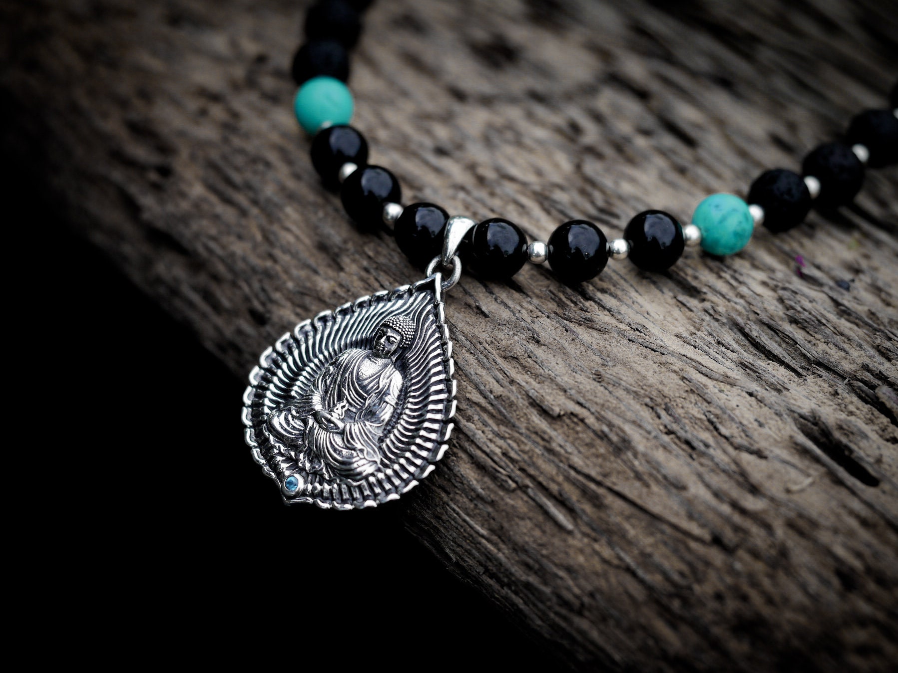 Silver Buddha Necklace | Mala Beads Necklace | Medicine Buddha Necklace | Black Mala Necklace | Buddha Mala Bead