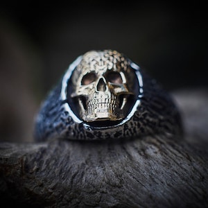 Druidenschädelring, 14 Karat Gold und Sterlingsilber, Memento Mori Siegelring Bild 3
