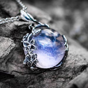 Rainbow Moonstone Sterling Silver Flower Necklace, Nature Inspired Jewelry