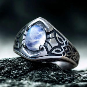 Silver Rainbow Moonstone Viking Wedding Ring – Celtic Knot Engagement Ring | Elven Moonstone Jewelry | Unique Fantasy Ring for Him/Her
