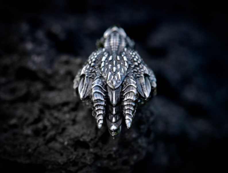 May include: A silver dragon claw ring with detailed scales and sharp claws. The ring is set against a dark background.