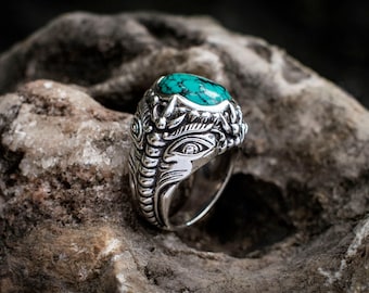 Ring aus Sterlingsilber mit Ganesha-Elefantenmotiv und türkisfarbenem Edelstein