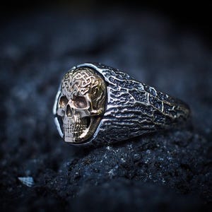Druidenschädelring, 14 Karat Gold und Sterlingsilber, Memento Mori Siegelring Bild 2