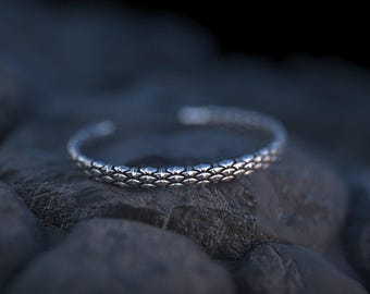Sterling Silver Geometric Cuff Bangle Bracelet, Snake Scales Design