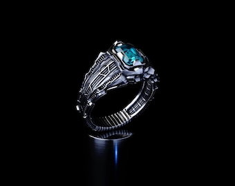 Sterling Silver Futuristic Ring 'Collider' with Gemstone, Geometric Cyberpunk Design