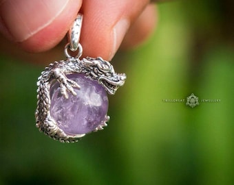 Oxidized Silver Dragon Pendant with Amethyst Sphere, Chinese Dragon Charm