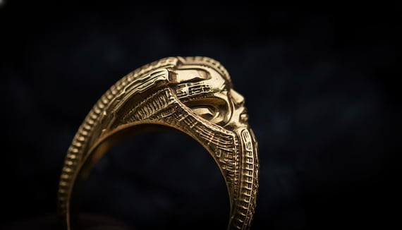Gold Alien Ring, Symbiote Biomechanical Sci-fi Jewelry, Cyberpunk