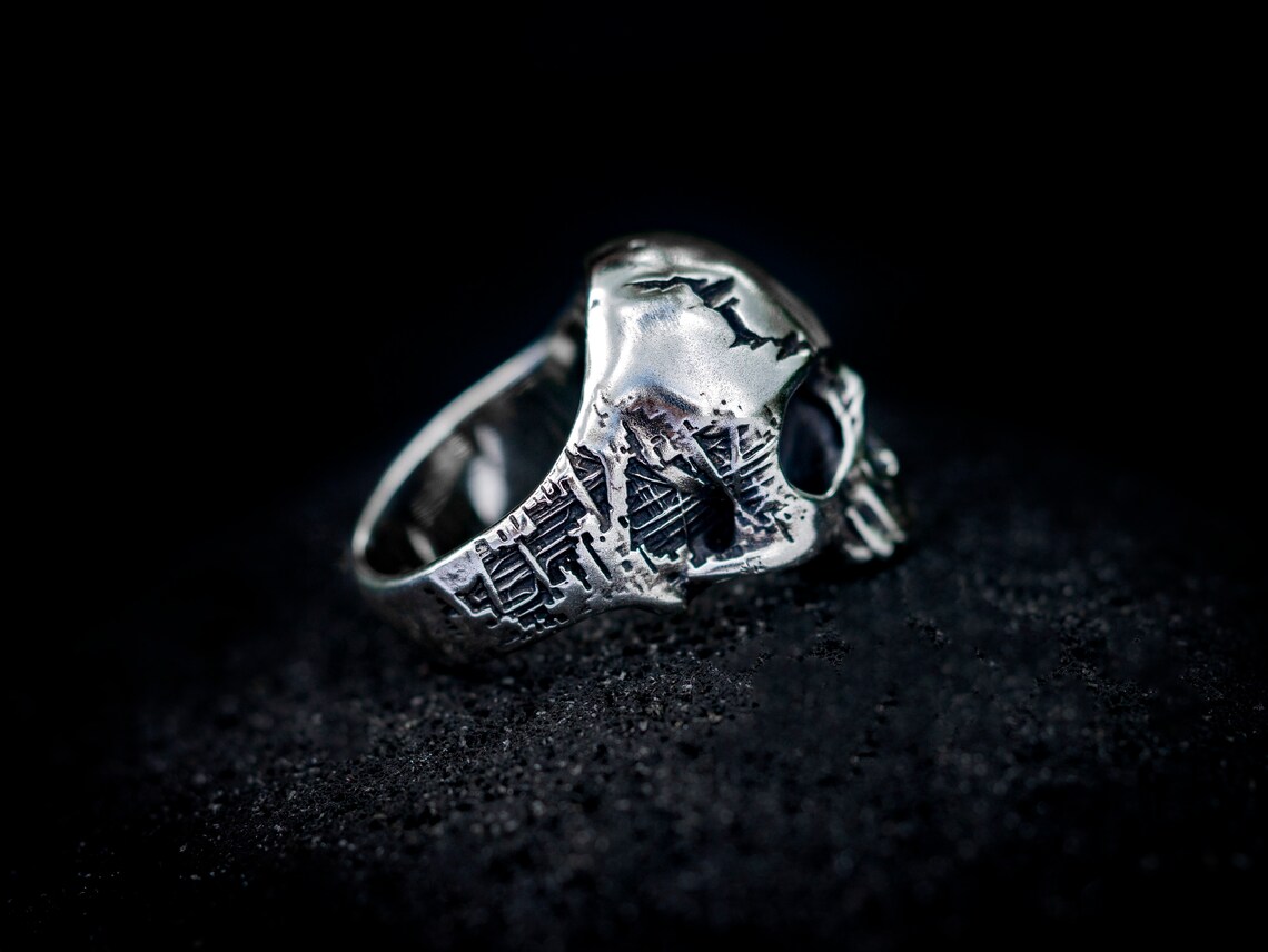 Men's Silver Skull Ring | Cyborg Biomech Design | Unique Statement ...