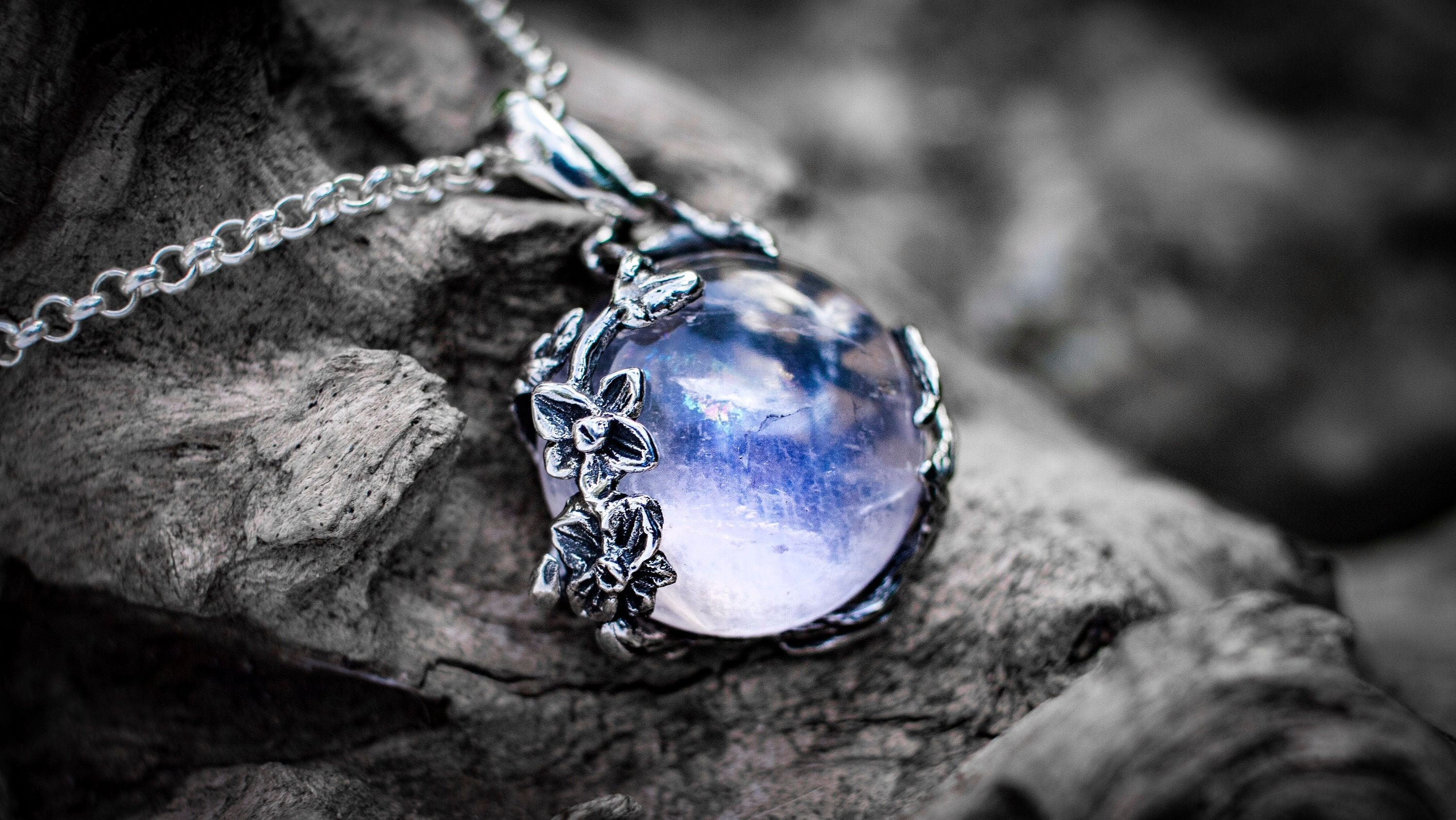 Rainbow Moonstone Necklace | Silver Flower Necklace | Branch Necklace | Rainbow Moonstone Jewelry | Twig Necklace | Silver Twig jewelry